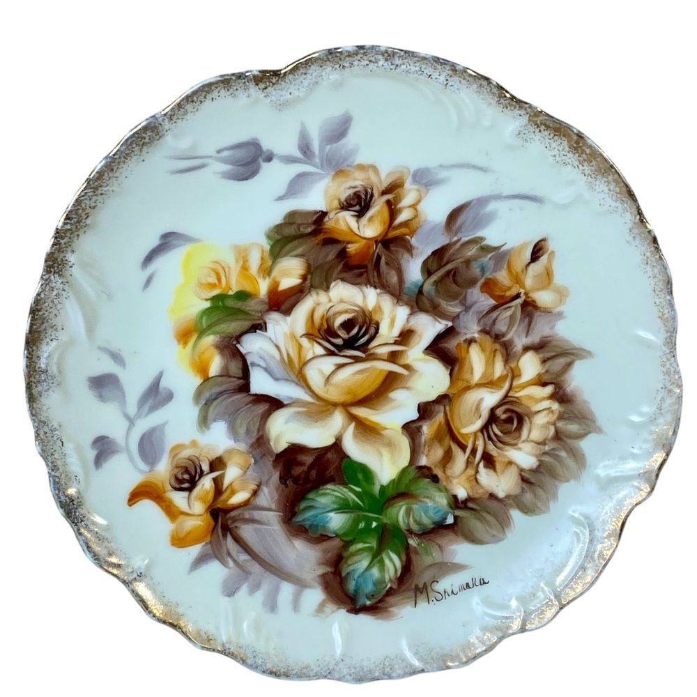 Vintage Japanese Hand Painted Porcelain Plate Wall Hanger Attached Floral Design